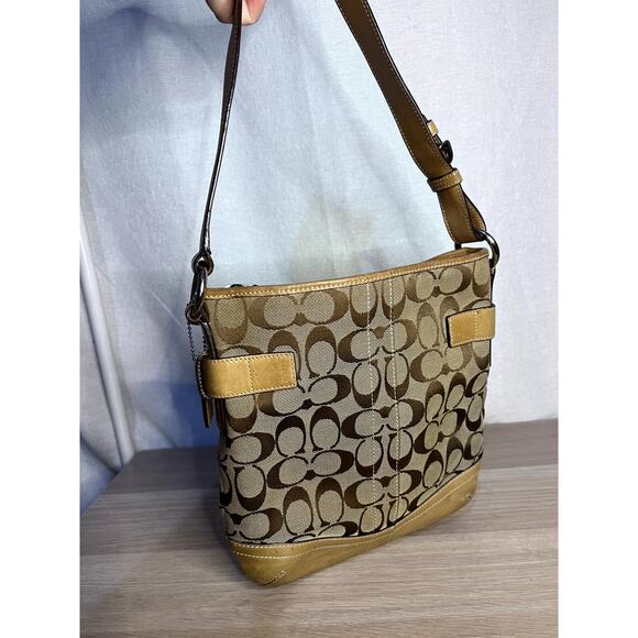 Coach Signature C Beige Tan Leather Logo Canvas Shoulder Bag Purse - Picture 8 of 11